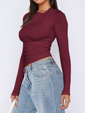 MQTIME  -  Ruched Asymmetrical Neck Long Sleeve T-Shirt