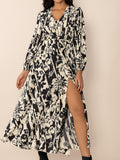 MQTIME  -  Tied Printed V-Neck Long Sleeve Midi Dress