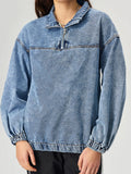 MQTIME  -  Quarter Zip Collared Neck Denim Top