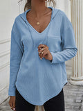 MQTIME  -  Drawstring Waffle Knit Long Sleeve Hooded Top