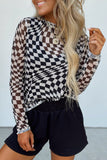 MQTIME  -  Checkered Mock Neck Long Sleeve Blouse