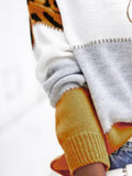 MQTIME  -  Leopard Color Block Round Neck Long Sleeve Sweater