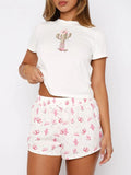 MQTIME  -  Printed Round Neck Short Sleeve Top and Drawstring Shorts Set