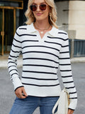 MQTIME  -  Striped Johnny Collar Long Sleeve Sweater