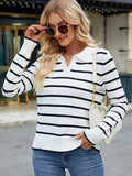 MQTIME  -  Striped Johnny Collar Long Sleeve Sweater