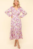 MQTIME  -  Haptics Full Size Floral V-Neck Long Sleeve Dress with Side Pockets