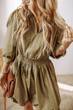 MQTIME  -  Smocked Johnny Collar Three-Quarter Sleeve Mini Dress