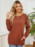 MQTIME  -  Ruched Shoulder Round Neck Long Sleeve Sweatshirt