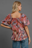MQTIME  -  Umgee Full Size Abstract Print Smocked Square Neck Puff Sleeve Blouse