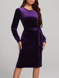 MQTIME  -  Round Neck Tie Waist Long Sleeve Velvet Dress
