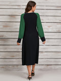MQTIME  -  Ruched Contrast Long Sleeve Midi Dress