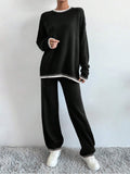 MQTIME  -  Side Slit Contrast Trim Round Neck Top and Pants Sweater Set