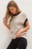 MQTIME  -  Contrast Trim Round Neck Cap Sleeve Knit Top