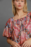 MQTIME  -  Umgee Full Size Abstract Print Smocked Square Neck Puff Sleeve Blouse