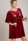 MQTIME  -  Umgee Embroidered Half Sleeve Velvet Mini Dress with Tassel