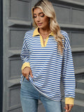 MQTIME  -  Striped Johnny Collar Long Sleeve Sweatshirt