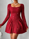 BaMQTIME  -  ckless Glitter Square Neck Long Sleeve Mini Dress