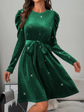 MQTIME  -  Glitter Round Neck Puff Sleeve Dress