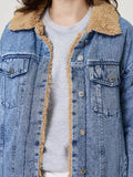 MQTIME  -  Button Up Collared Neck Plush Denim Jacket