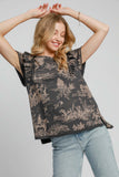 MQTIME  -  Ruffled Landscape Print Short Sleeve French Terry Top