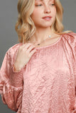 MQTIME  -  Umgee Wrinkled Round Neck Lantern Sleeve Blouse
