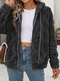 MQTIME  -  Checkered Texture Zip Up Drawstring Fuzzy Jacket