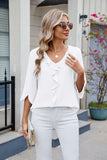 MQTIME  -  Ruffled V-Neck Three-Quarter Sleeve Blouse
