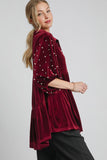 MQTIME  -  Umgee Pearl Detail Collared Neck Velvet Babydoll Blouse