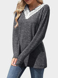 MQTIME  -  Lace Detail V-Neck Long Sleeve T-Shirt