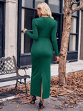 MQTIME  -  Slit Twisted Surplice Long Sleeve Dress