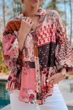 MQTIME  -  Patchwork Printed Notched Flounce Sleeve Shirt