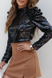 MQTIME  -  Sequin Mock Neck Puff Sleeve Blouse