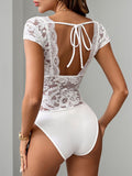 MQTIME  -  Perfee Lace Backless V-Neck Cap Sleeve Bodysuit