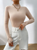 MQTIME  -  Lace Detail Mock Neck Long Sleeve Sweater