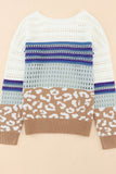 MQTIME  -  Leopard Striped Round Neck Crochet Knit Top