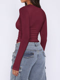 MQTIME  -  Ruched Asymmetrical Neck Long Sleeve T-Shirt