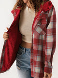 MQTIME  -  Plaid Snap Down Plush Hooded Jacket