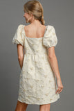 MQTIME  -  Umgee Heart Jacquard Square Neck Puff Sleeve Mini Dress