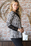 MQTIME  -  Full Size Snakeskin Print Round Neck Lace Contrast Top