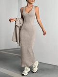 MQTIME  -  Ribbed Cropped Hooded Top and V-Neck Tank Dress Set