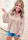 MQTIME  -  Corded Johnny Collar Long Sleeve Babydoll Blouse