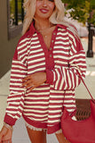 MQTIME  -  Stripe Johnny Collar Drop Shoulder Sweatshirt