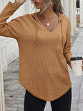 MQTIME  -  Drawstring Waffle Knit Long Sleeve Hooded Top