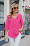 MQTIME  -  Ruffled V-Neck Three-Quarter Sleeve Blouse