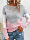 MQTIME  -  Openwork Contrast Round Neck Long Sleeve Knit Top