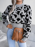 MQTIME  -  Leopard Round Neck Dropped Shoulder Sweater