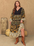 MQTIME  -  Plus Size Floral V-Neck Balloon Sleeve Midi Dress