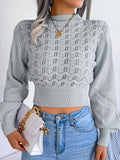 MQTIME  -  Openwork Mock Neck Long Sleeve Cropped Sweater