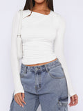 MQTIME  -  Ruched Asymmetrical Neck Long Sleeve T-Shirt