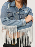 MQTIME  -  Distressed Fringe Collared Neck Cropped Denim Top